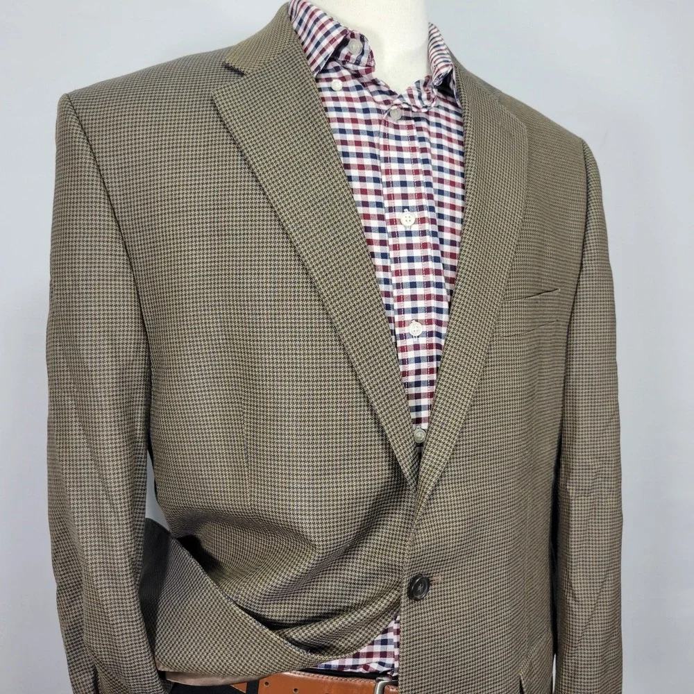 Lauren Ralph Lauren Men's Sport Coat Blazer Brown Houndstooth Silk Wool Size 44L